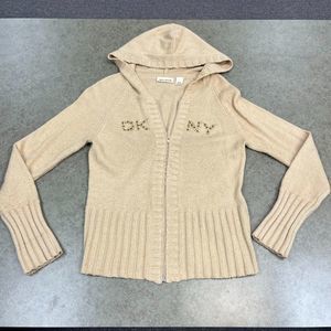 DKNY Beige Hooded Zip Cardigan with Embellished Logo